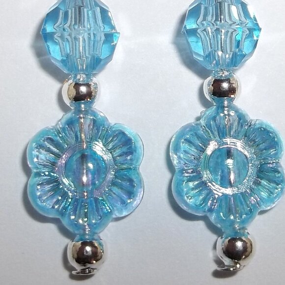Flower Earring Blue Silver Dangle Drop Turquoise AB Aurora Borealis Jewelry D344 - Picture 5 of 5